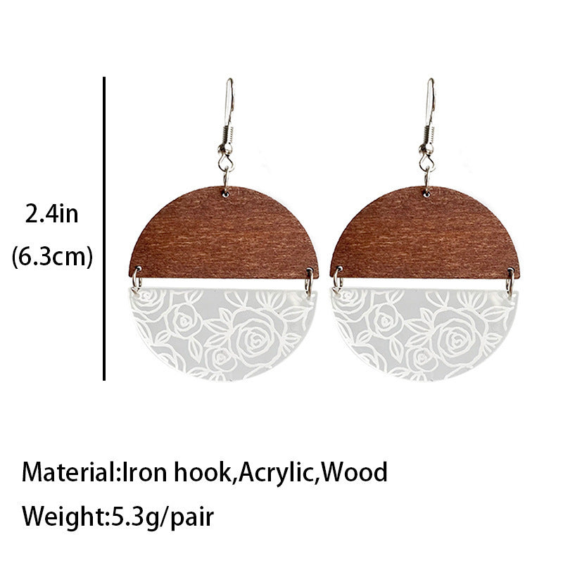 Wood Acrylic Geometric Stitching Rose Flower Lace Laser Marking Personalized Earrings