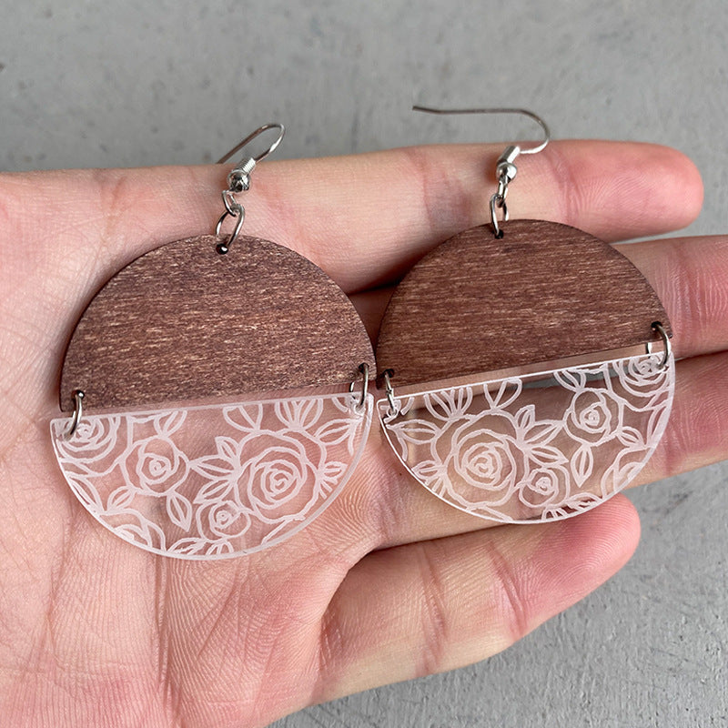 Wood Acrylic Geometric Stitching Rose Flower Lace Laser Marking Personalized Earrings