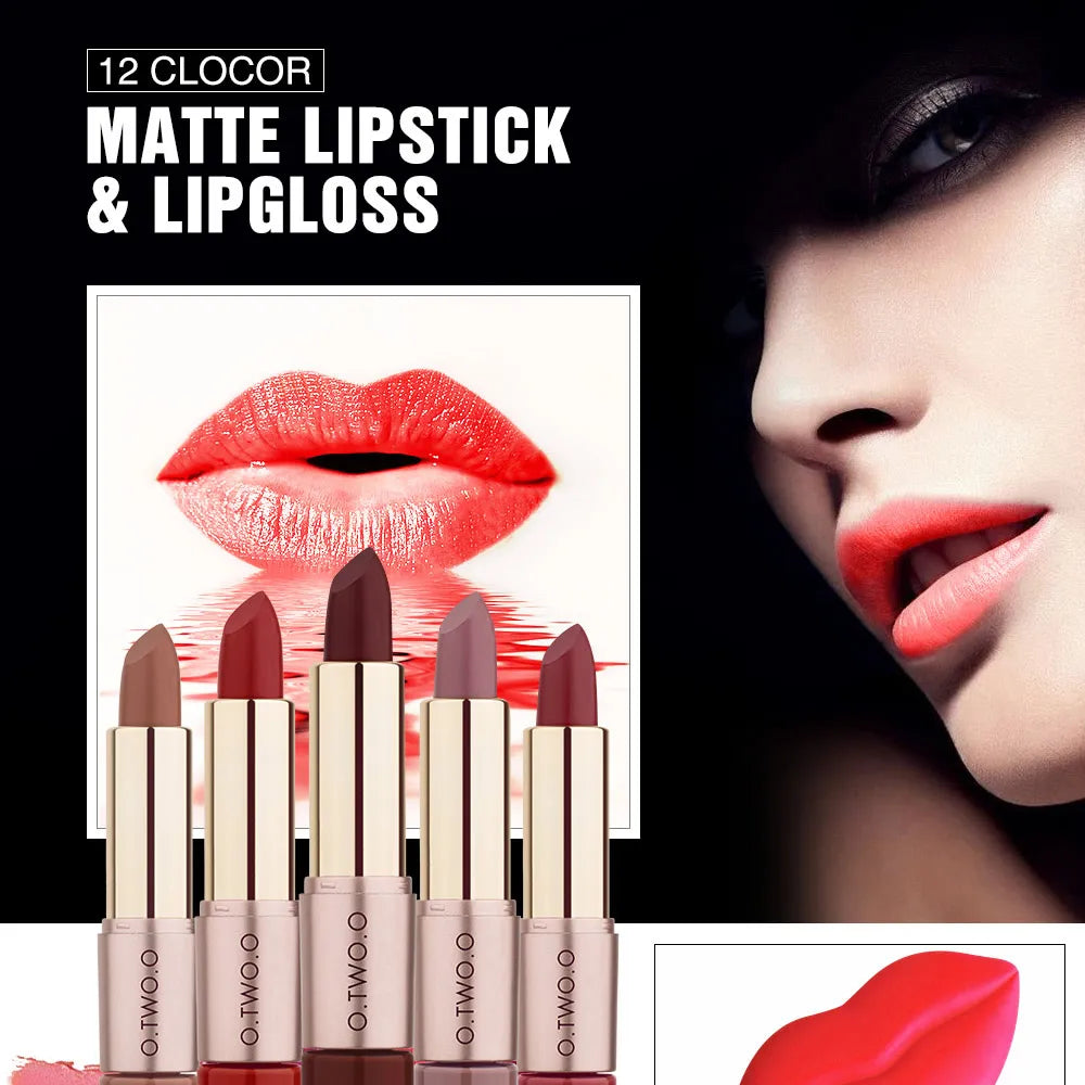 O.TWO.O 2 in 1 Matte Lipstick Lip Gloss Cosmetics Waterproof Pintalabios Batom Mate Lips Makeup Rouge 12 Colors Lip Stick