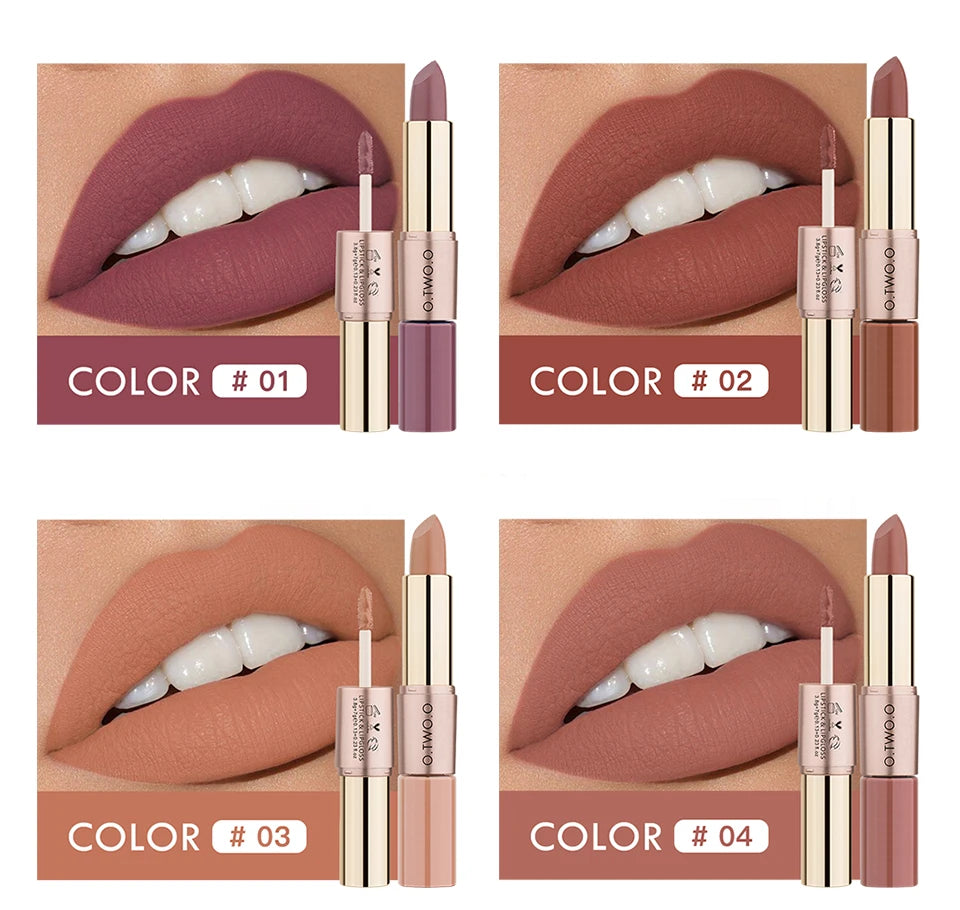 O.TWO.O 2 in 1 Matte Lipstick Lip Gloss Cosmetics Waterproof Pintalabios Batom Mate Lips Makeup Rouge 12 Colors Lip Stick