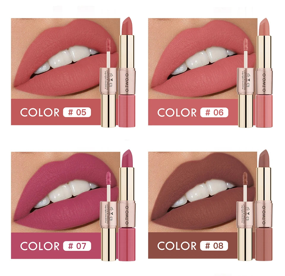 O.TWO.O 2 in 1 Matte Lipstick Lip Gloss Cosmetics Waterproof Pintalabios Batom Mate Lips Makeup Rouge 12 Colors Lip Stick