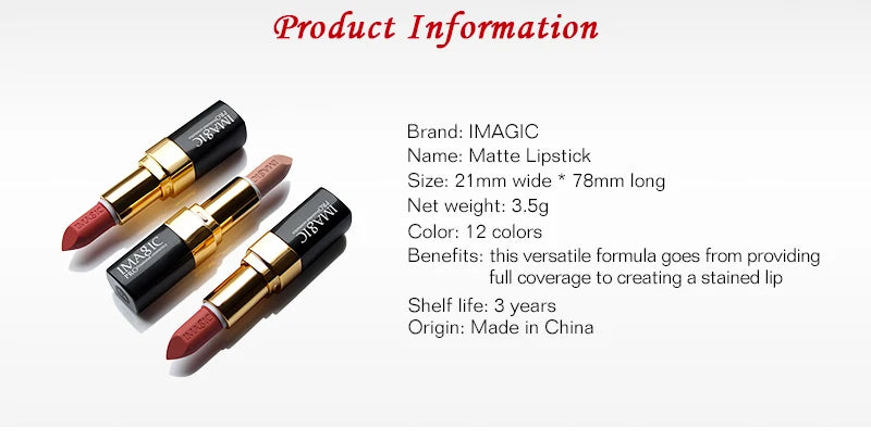 IMAGIC 12-Color Lipstick Matte Waterproof Velvet Pigment Nude Rouge Waterproof Long Lasting Lip Profissional Cosmetics Beauty