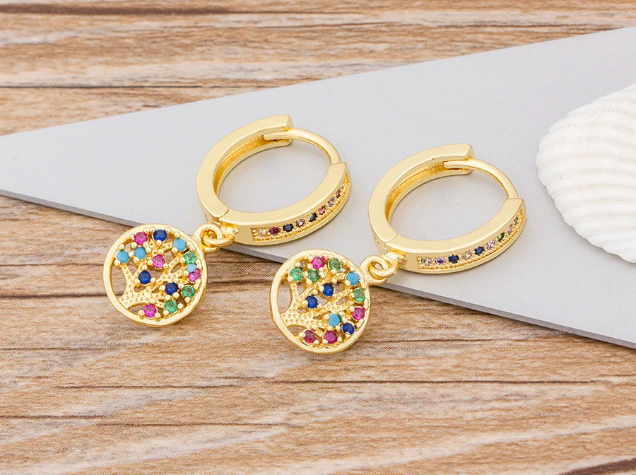 Nidin Hot Sale Tree Of Life Earrings For Women Colorful Shining Crystal Geometric Fashion Wedding Birthday Jewelry Party Gifts