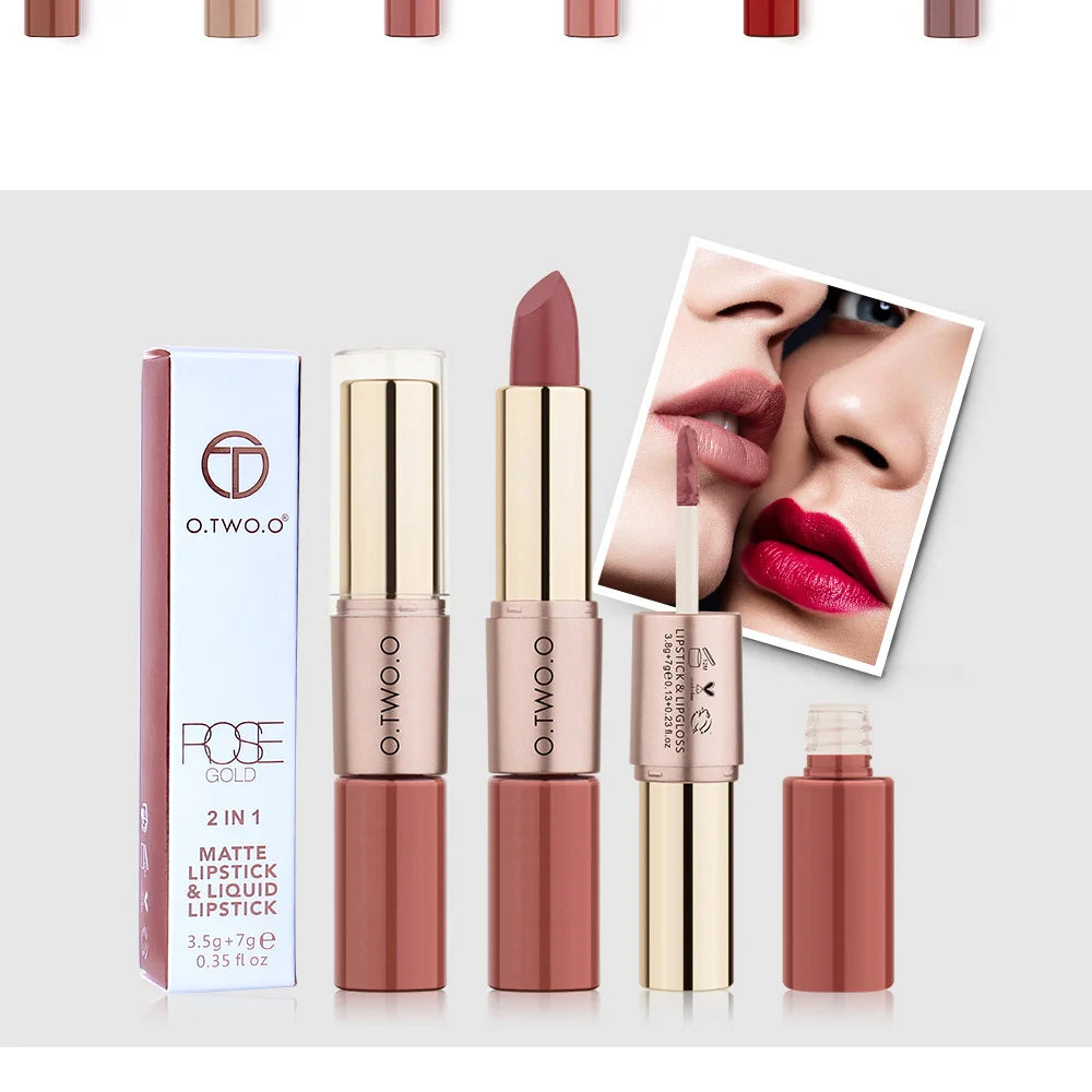 O.TWO.O 2 in 1 Matte Lipstick Lip Gloss Cosmetics Waterproof Pintalabios Batom Mate Lips Makeup Rouge 12 Colors Lip Stick