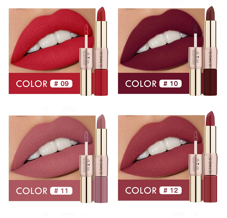 O.TWO.O 2 in 1 Matte Lipstick Lip Gloss Cosmetics Waterproof Pintalabios Batom Mate Lips Makeup Rouge 12 Colors Lip Stick