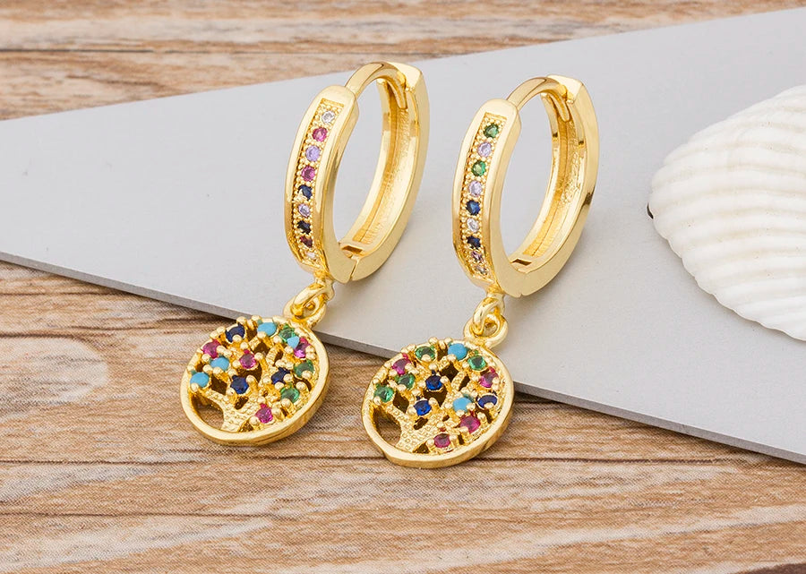 Nidin Hot Sale Tree Of Life Earrings For Women Colorful Shining Crystal Geometric Fashion Wedding Birthday Jewelry Party Gifts