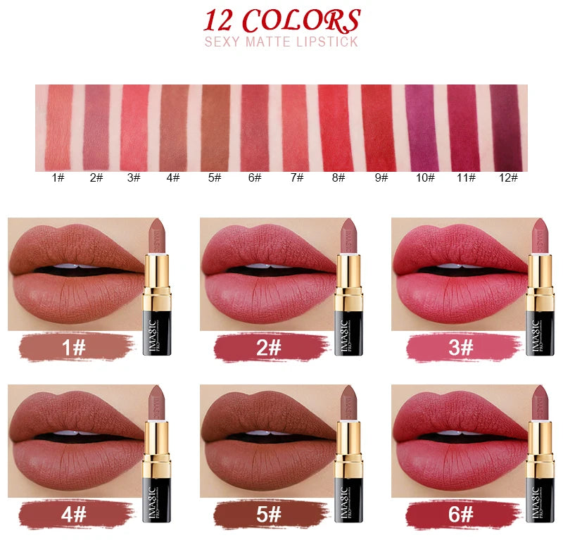 IMAGIC 12-Color Lipstick Matte Waterproof Velvet Pigment Nude Rouge Waterproof Long Lasting Lip Profissional Cosmetics Beauty