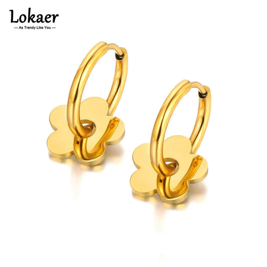 Lokaer Flower Charm Hoop Earrings For Women Girls 18K Gold Plated Stainless Steel Handmade High Polished Hoop Earrings E22183