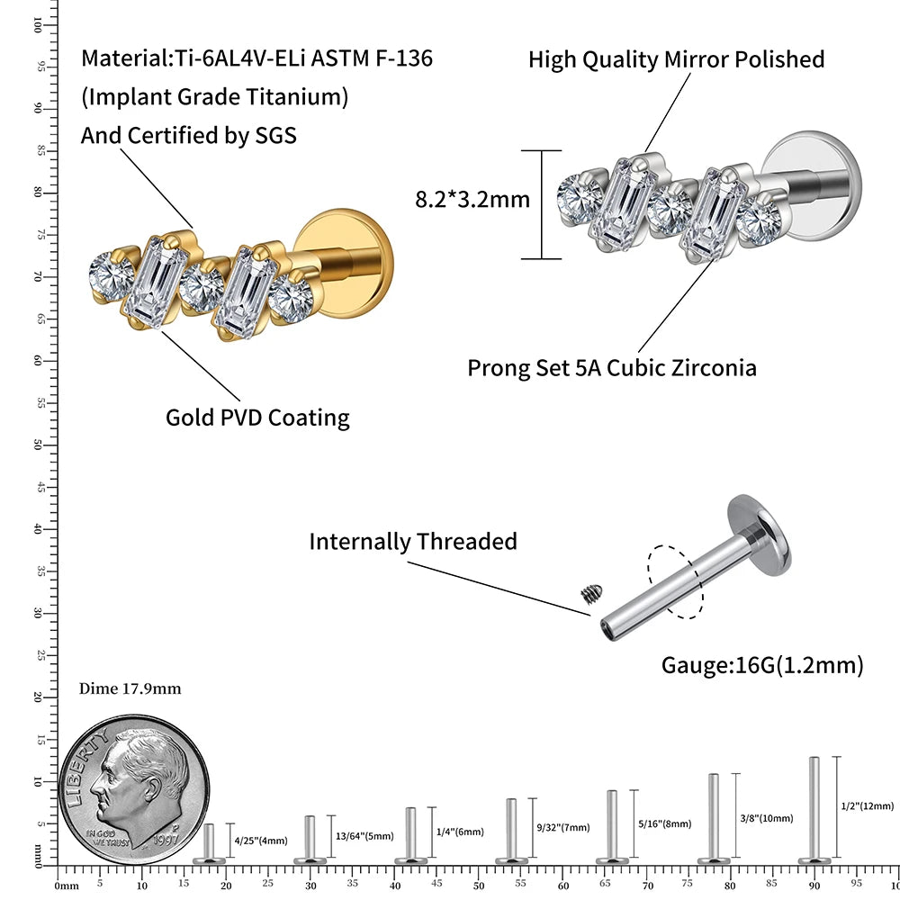 Right Grand ASTM F136 Titanium 16G Baguette CZ Climber Stud Earring Cluster Cartilage Helix Labret Stud Piercing Body Jewelry