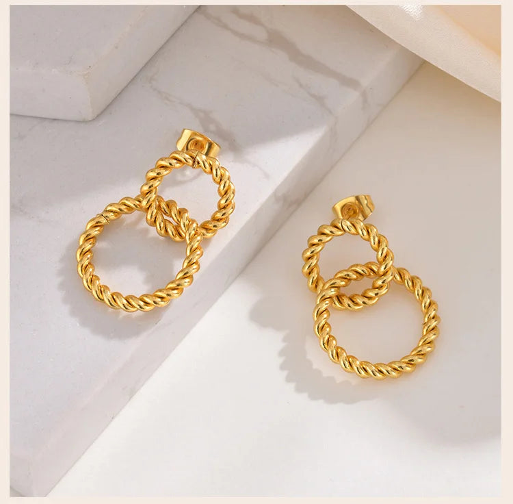 Stainless Steel Double Circle Rope Drop Dangle Earring for Women, Geometric Round  Huggies Statement Jewelry