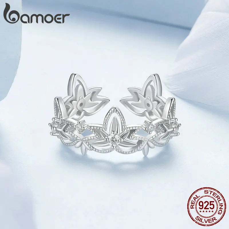 BAMOER Authentic 925 Sterling Silver Dazzling CZ Lotus Flower Rings for Women Wedding Jewelry Mother Gift BSR602