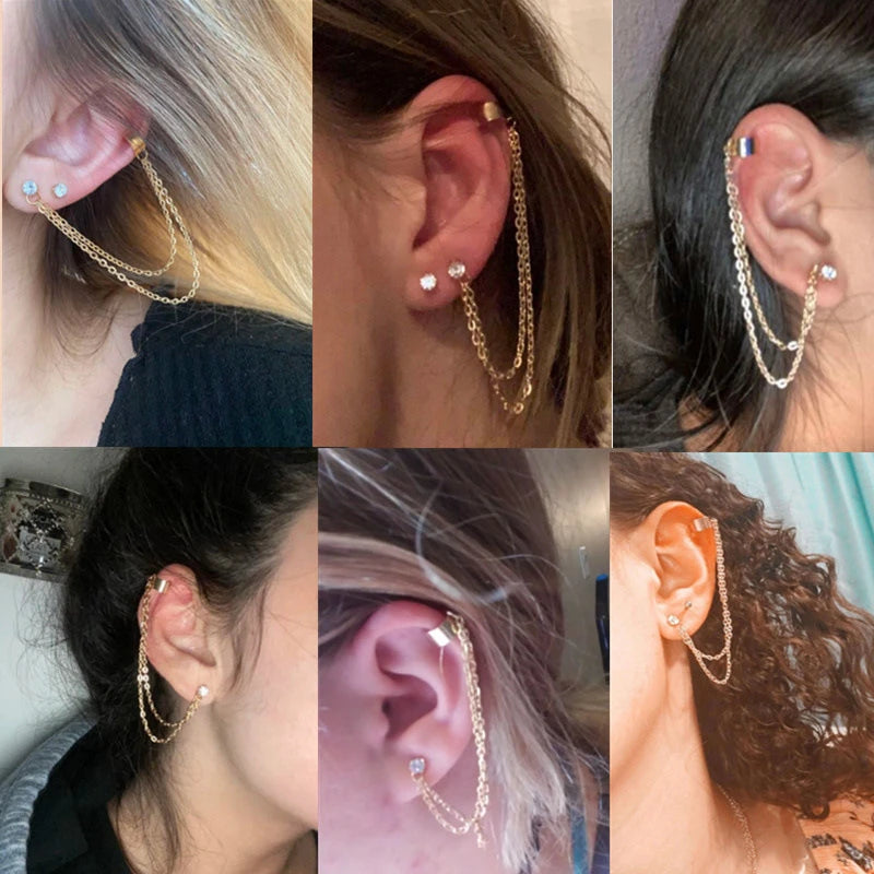 1Pcs New Fashion Bohemian Ear Clip Earring for Teens Women Men Simple Fake Cartilage Long Tassel Chain Ear Cuff Jewelry