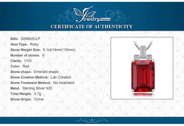 JewelryPalace 9ct Created Red Ruby 925 Sterling Silver Pendant Necklace for Women Engagement Party Jewelry Fashion Gift No Chain