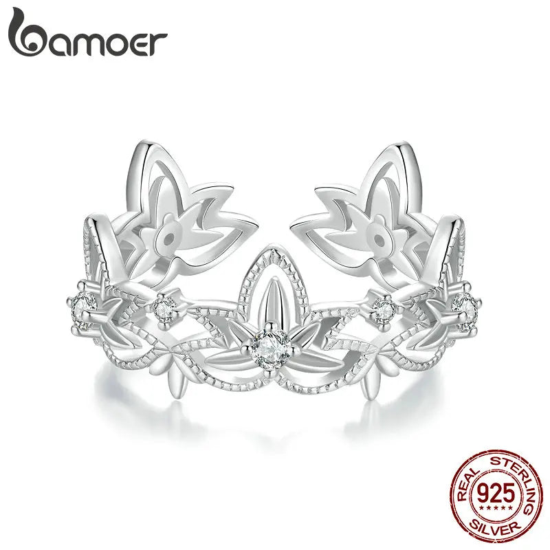 BAMOER Authentic 925 Sterling Silver Dazzling CZ Lotus Flower Rings for Women Wedding Jewelry Mother Gift BSR602