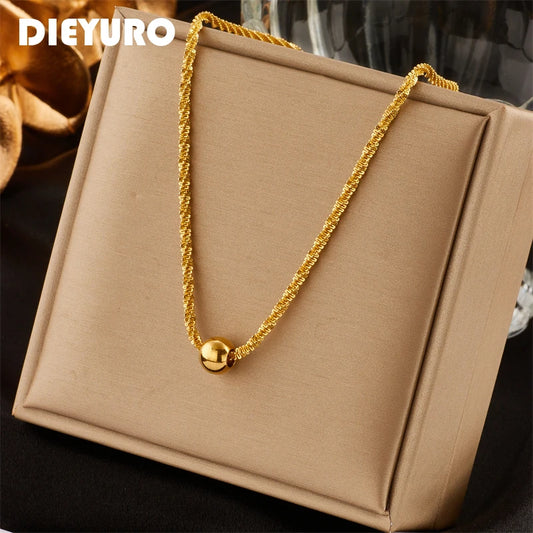 DIEYURO 316L Stainless Steel Bead Pendant Necklace For Women Fashion Gold Color Ladies Clavicle Chain Girls charm Jewelry Gifts