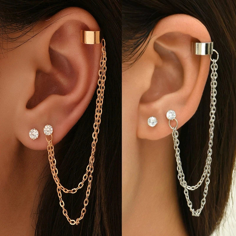 1Pcs New Fashion Bohemian Ear Clip Earring for Teens Women Men Simple Fake Cartilage Long Tassel Chain Ear Cuff Jewelry