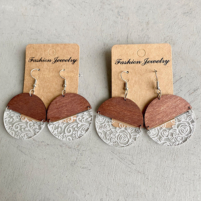 Wood Acrylic Geometric Stitching Rose Flower Lace Laser Marking Personalized Earrings