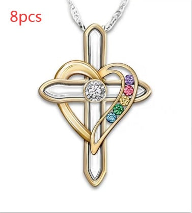 Croix amour coloré Imitatio pierre précieuse pendentif en alliage clavicule chaîne